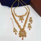 Antique Matte Finish Gold Jewellery Set with 2 necklaces, earrings, and maangtika