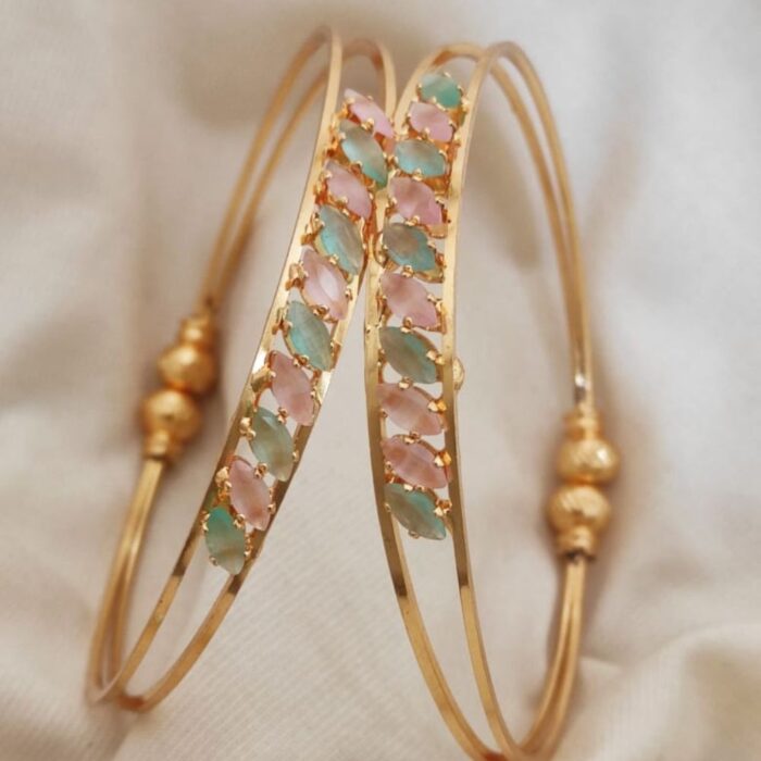 Pastel Leaf Design Kadli – Gold Plated Adjustable Kada from Artificial Jewellery Store