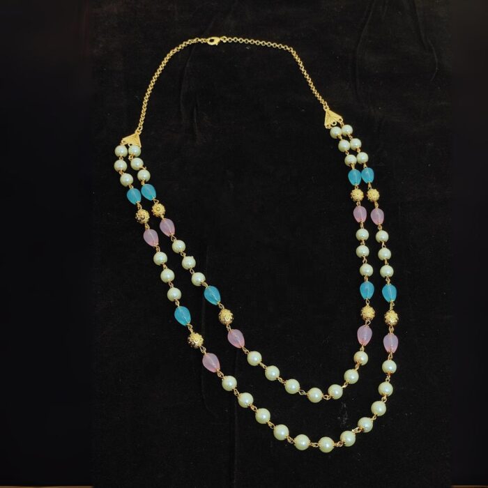 Mint Green & Pink Beads Embellished Multistrand Fusion Wear Necklace For Women (3)