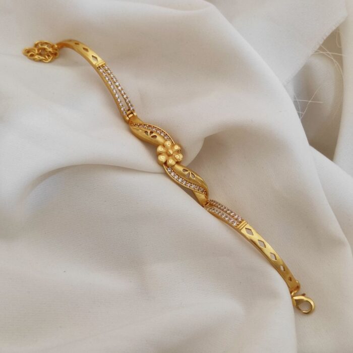 Gold Plated Floral CZ Bracelet – Flower Motif Kada with Cubic Zirconia Stones