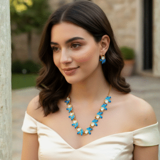 Blue Petal Pearl Necklace & Earring Set