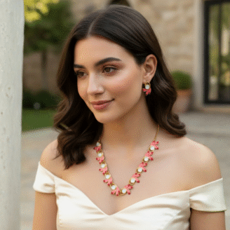 Pink Petal Pearl Necklace & Earring Set